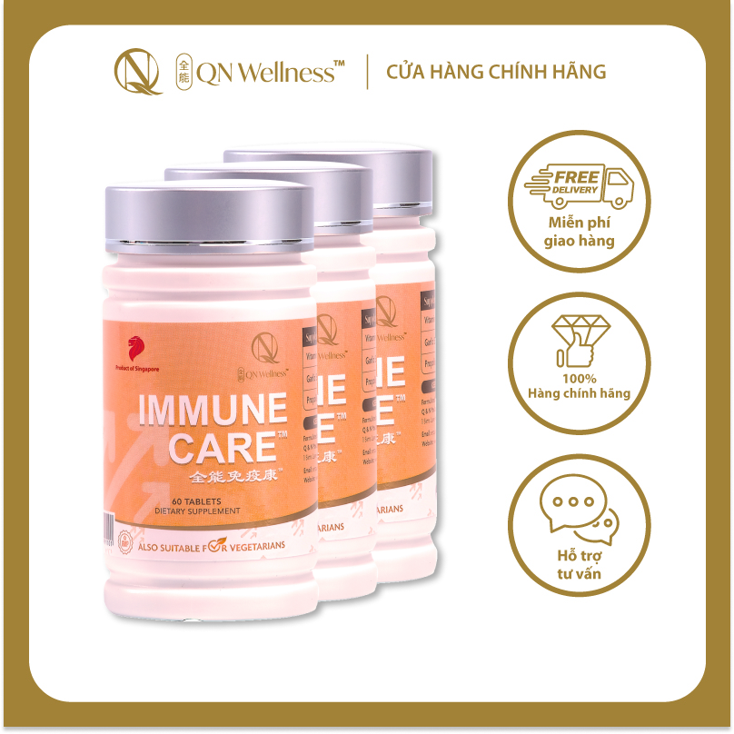 Combo Siêu Ưu Đãi Viên Uống Bổ Sung Vitamin C Immune Care QN Wellness Tăng Cường Hệ Hô Hấp, Hỗ Trợ Khả Năng Miễn Dịch & Sức Khỏe Cơ Thể - Hộp 60 Viên x 3