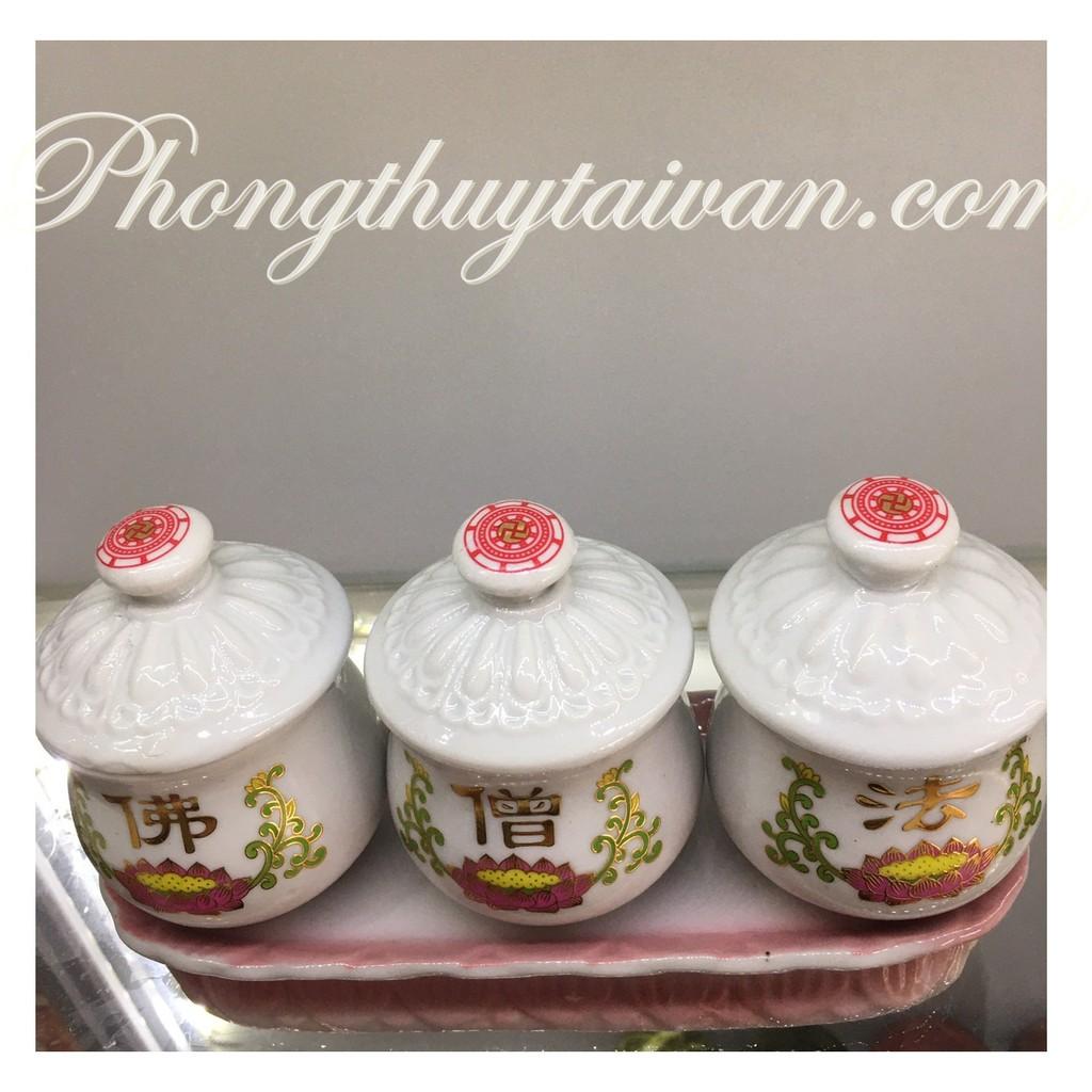 Khay chum nước 3 ly sứ trắng khắc chữ Hán(muối gạo nước)-15cm