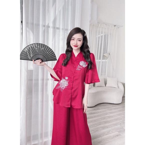 Đồ Bộ Nữ, Bộ Đồ Lam thêu hoa, lụa tuyết nhung, Freesize 40-65kg, tuỳ chiều cao