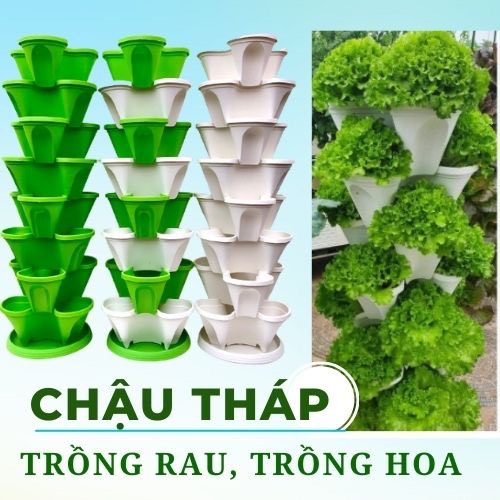 5 Chậu nhựa xếp tầng tháp trồng cây cảnh, trồng hoa, trồng rau củ tiết kiệm không gian- KÈM ĐĨA