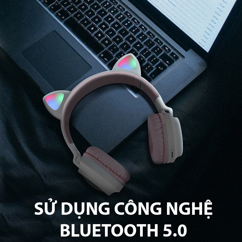 Tai nghe mèo headphone chụp tai bluetooth không dây kèm đèn led bass mạnh có mic