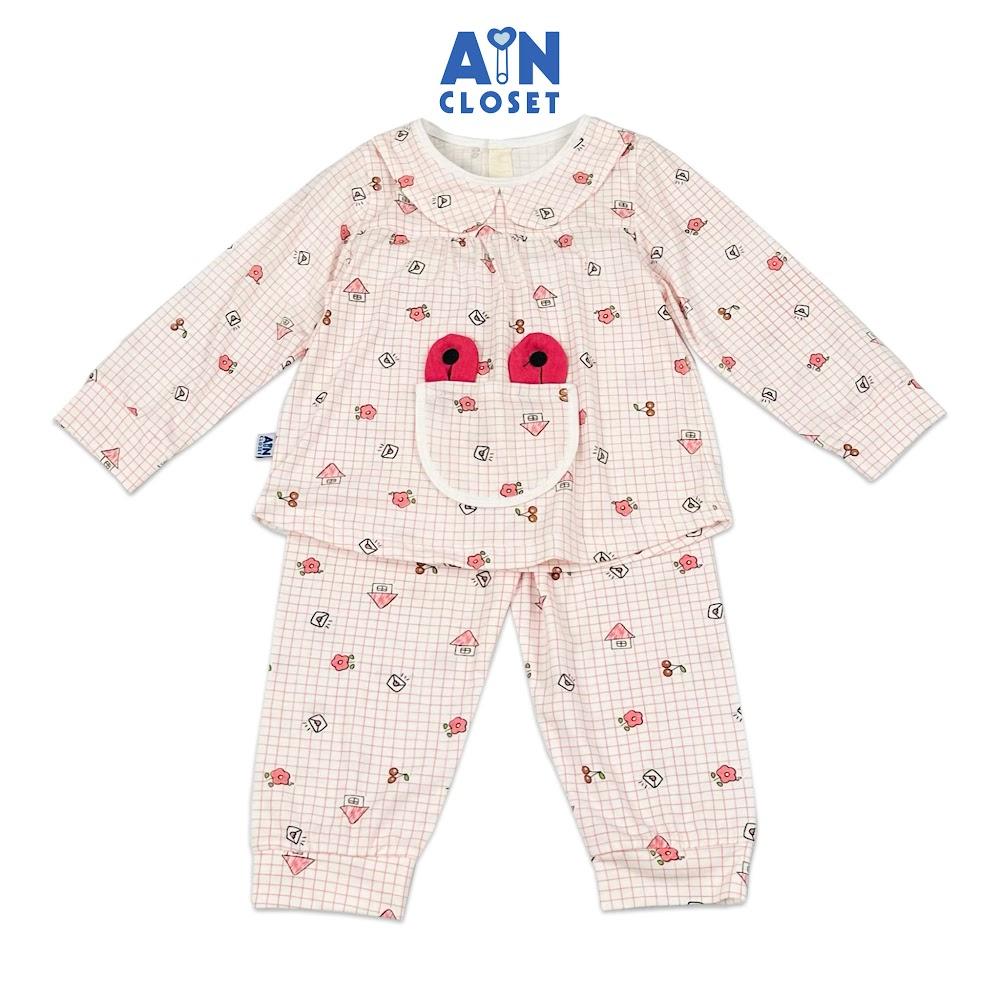 Bộ quần áo Dài bé gái họa tiết Nhà Caro Hồng thun cotton - AICDBGKIDM6U - AIN Closet