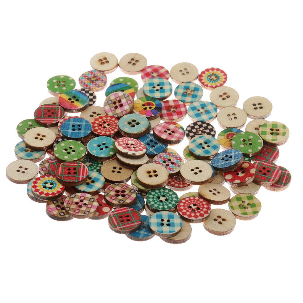 100 Pieces 15mm Colorful Mixed Pattern Round 2 Holes Wood Buttons for DIY Sewing
