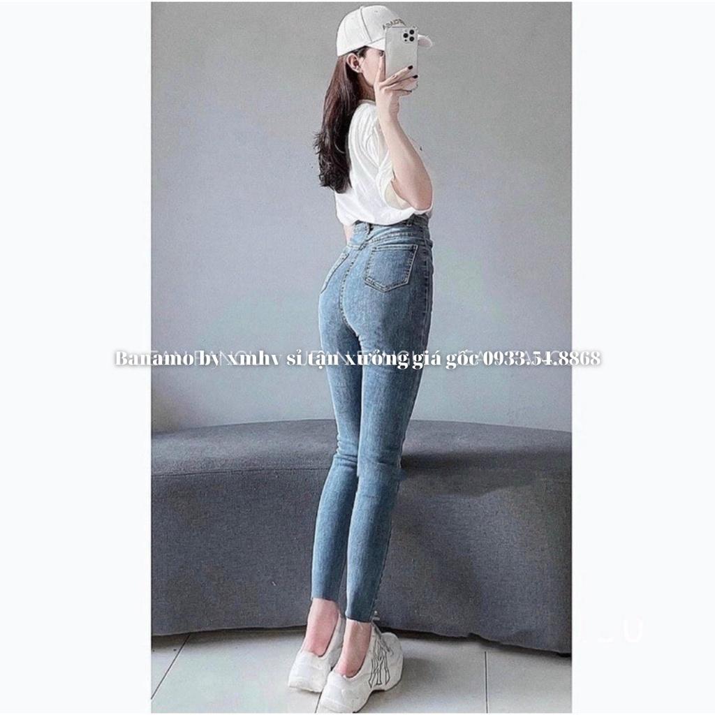 Quần jean nữ túi nắp da cạp cao hách dáng miên man siêu đẹp thời trang Banamo Fashion jean nữ túi nắp da 769