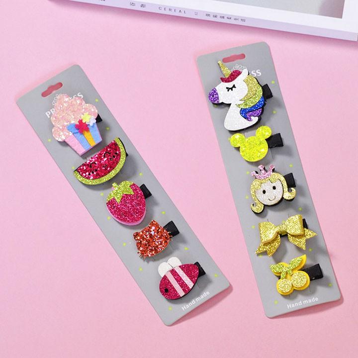 Set 5 kẹp tóc handmade cho bé gái nhiều họa tiết lấp lánh – P080