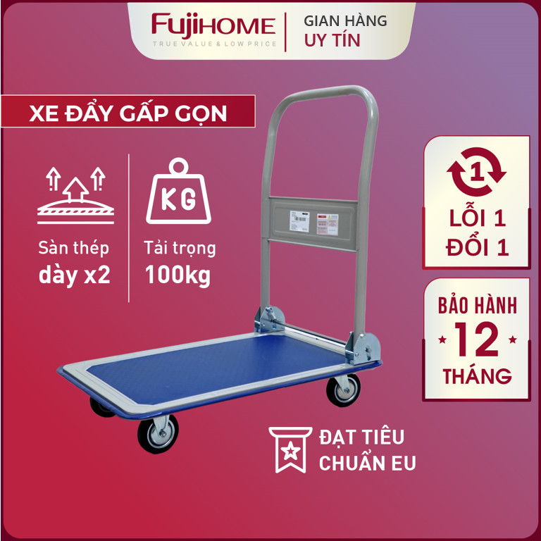 Xe kéo hàng 4 bánh gấp gọn 100kg Nhật Bản Fujihome sàn thép, bánh cao su cao cấp siêu bền không ồn, xe chở đồ đẩy hàng gấp gọn đa năng platform hand truck