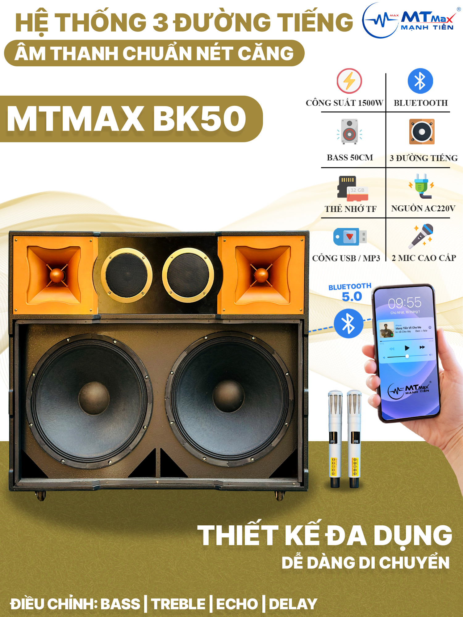 Loa Kéo Di Động MTMAX BK50 - Loa Karaoke Khủng Long, Công Suất 1500W, 3 Đường Tiếng, Bass Đôi 50cm, Âm Thanh Mạnh Mẽ, Đi Kèm 2 Micro Không Dây,Hàng Chính Hãng