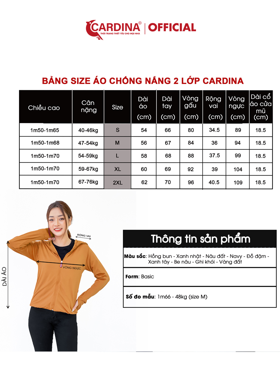 Áo Chống Nắng Nữ CARDINA 2 Lớp Chất Thun Lạnh Nhật Cao Cấp Chống Tia UV 2NF2