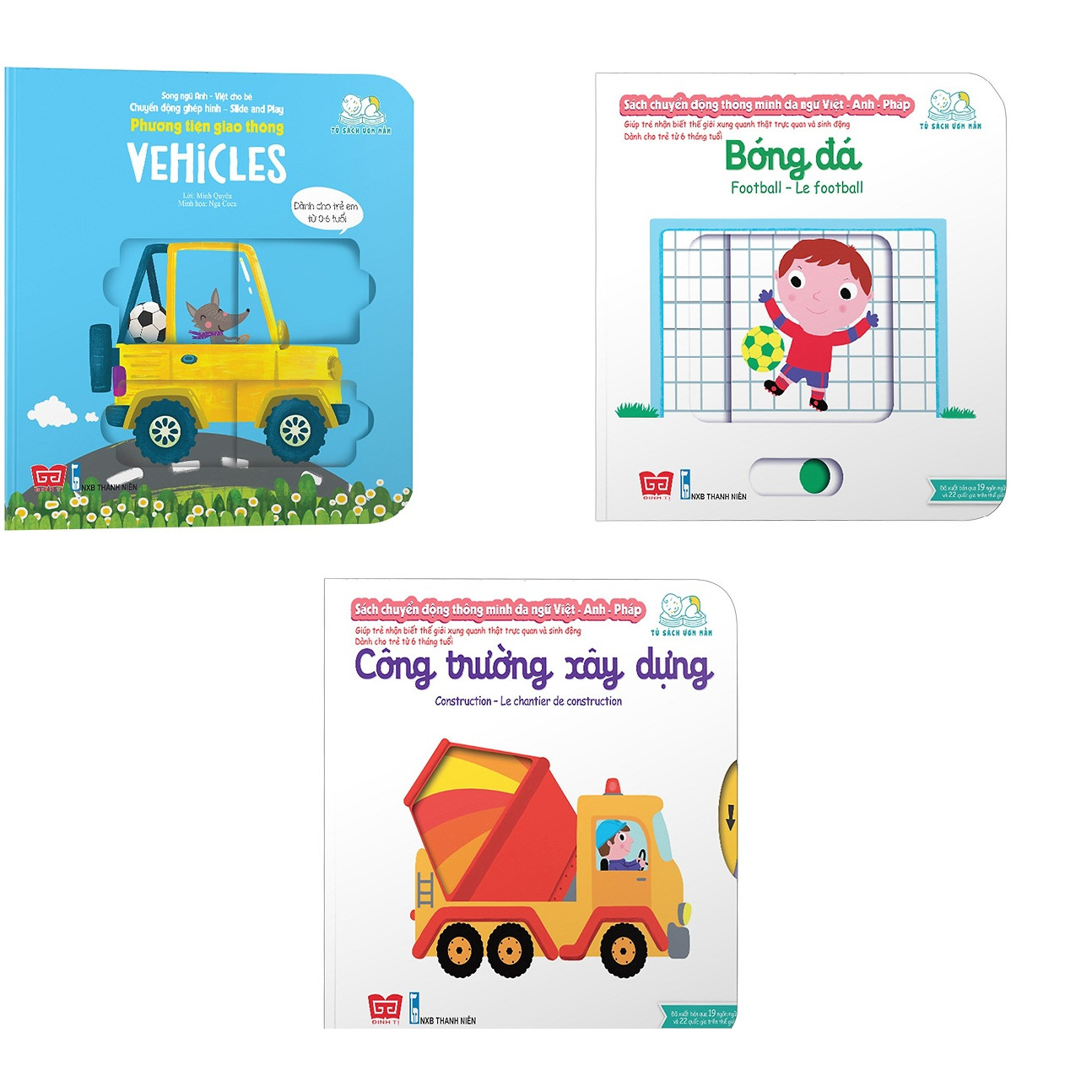 Combo 3 Cuốn sách giúp bé phát triển tư duy logic về vận động:  Sách chuyển động - Song ngữ A-V: Phương tiện giao thông + Công trường xây dựng + Bóng đá