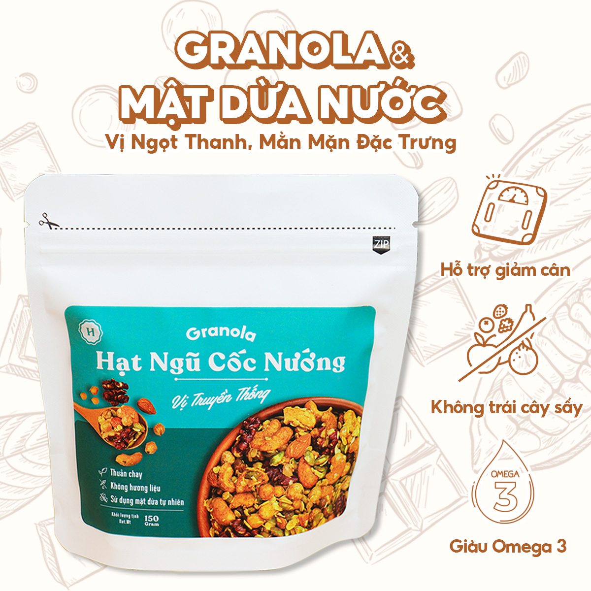 Granola nướng giòn tan - Dùng mật dừa nước, 0 trái cây sấy, GI thấp - Hạt ngũ cốc giảm cân - HeydayCacao