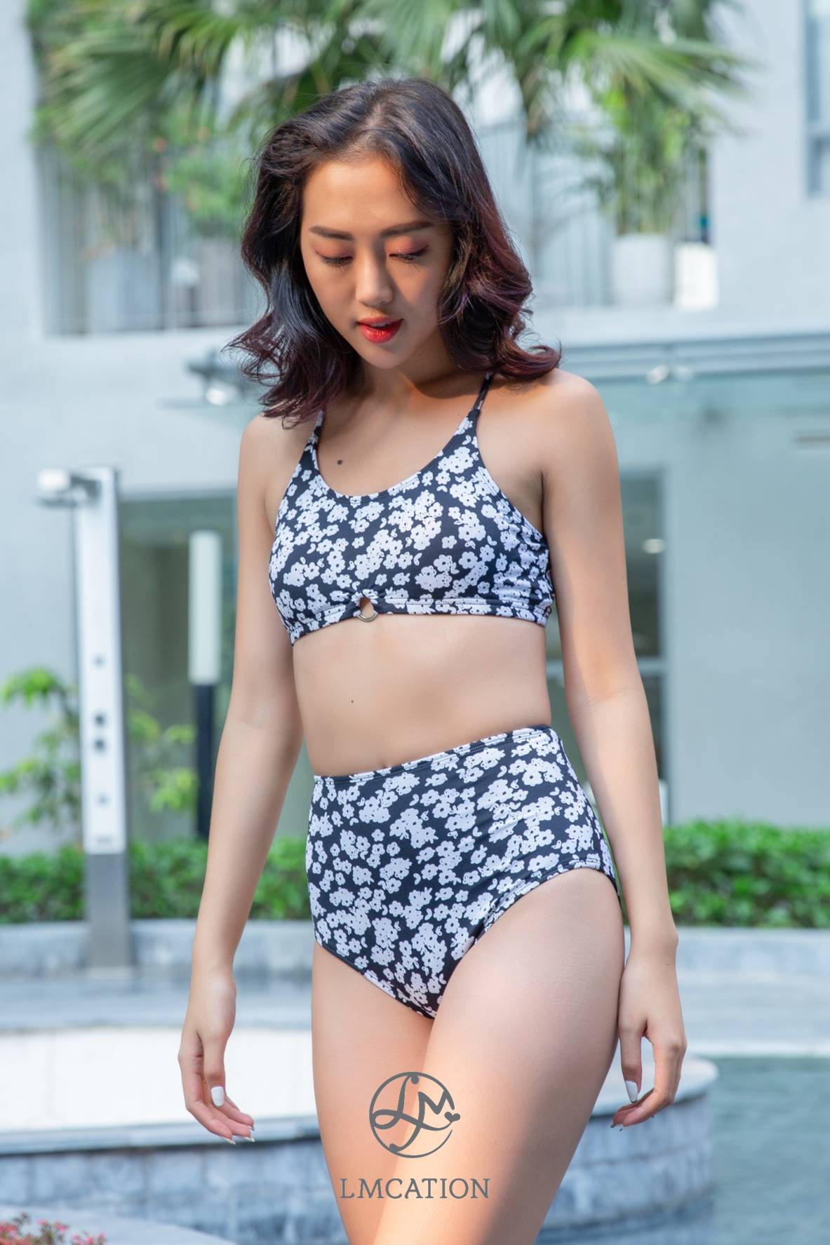 Áo Bikini Thể Thao Nữ LMcation Ana - Hoa Nhí Đen Trắng