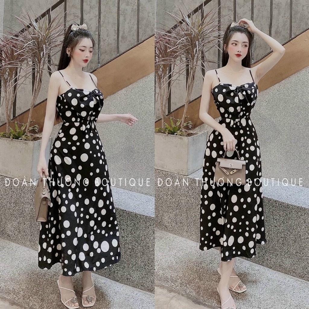 Đầm xoè 2 dây chấm bi kết nơ ngực có túi có mút ngực xinh lung linh kèm hình thật