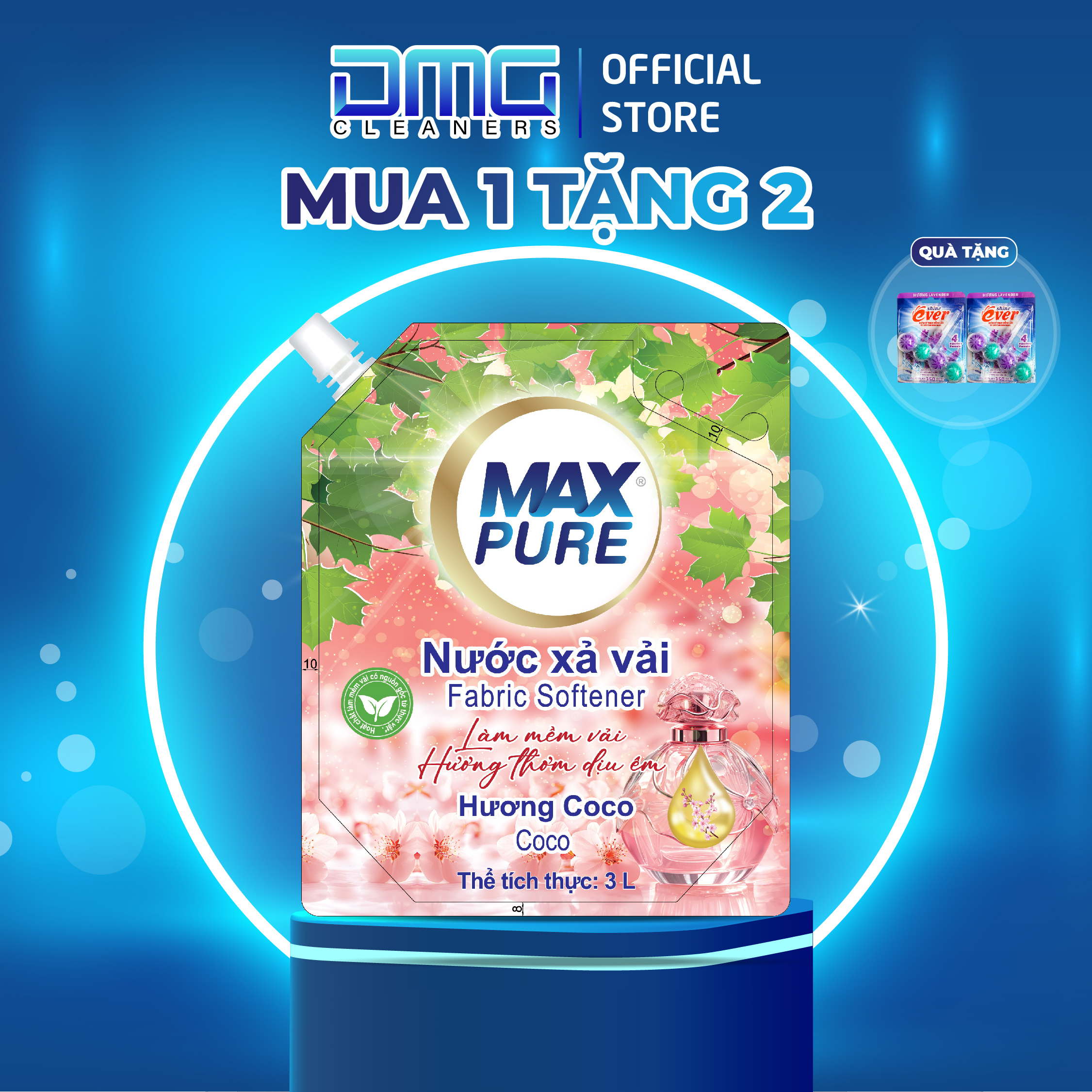 Túi nước xả vải Maxpure Hương Coco 3L - TẶNG 2 vỉ viên treo bồn cầu Evershine