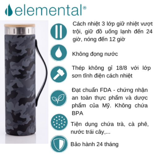 BÌNH GIỮ NHIỆT ELEMENTAL ICONIC MÀU ĐEN CAMO (590ML)