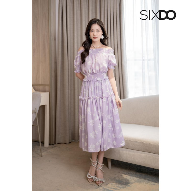 Đầm midi chiffon dáng xòe trễ vai chun eo thời trang SIXDO