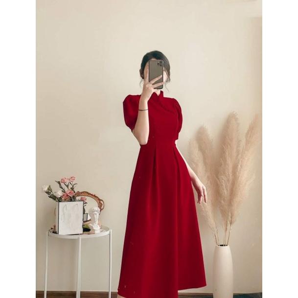 Đầm Đỏ Tay Phồng Nút Bọc Đầm Noel Tết Đi Chơi Cực Sinh Xắn Rubi BY8361