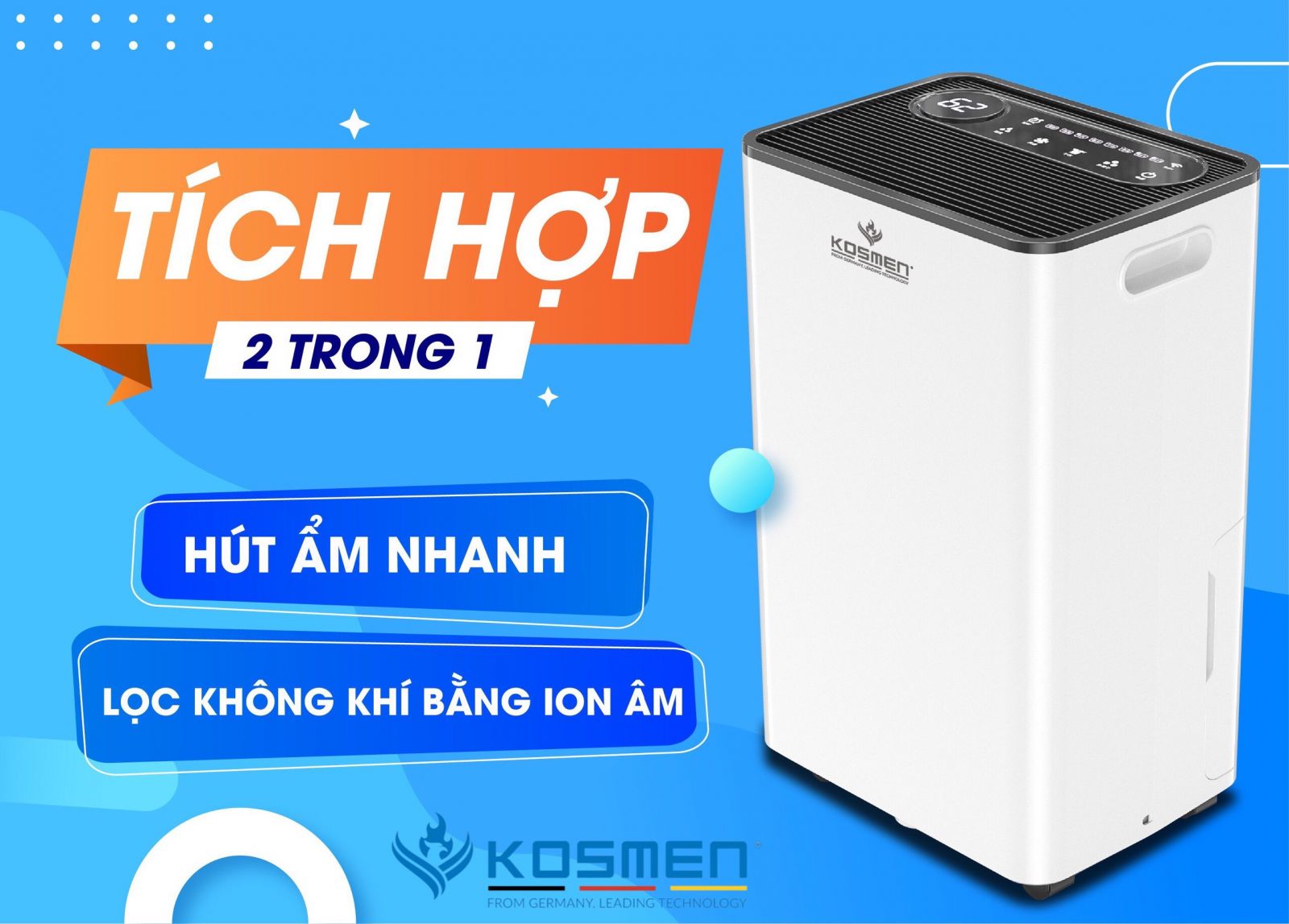 Máy hút ẩm đa năng Kosmen KM60S Phòng 110m2, Đa năng: Lọc không khí, Sấy quần áo, Sưởi phòng - Hàng chính hãng