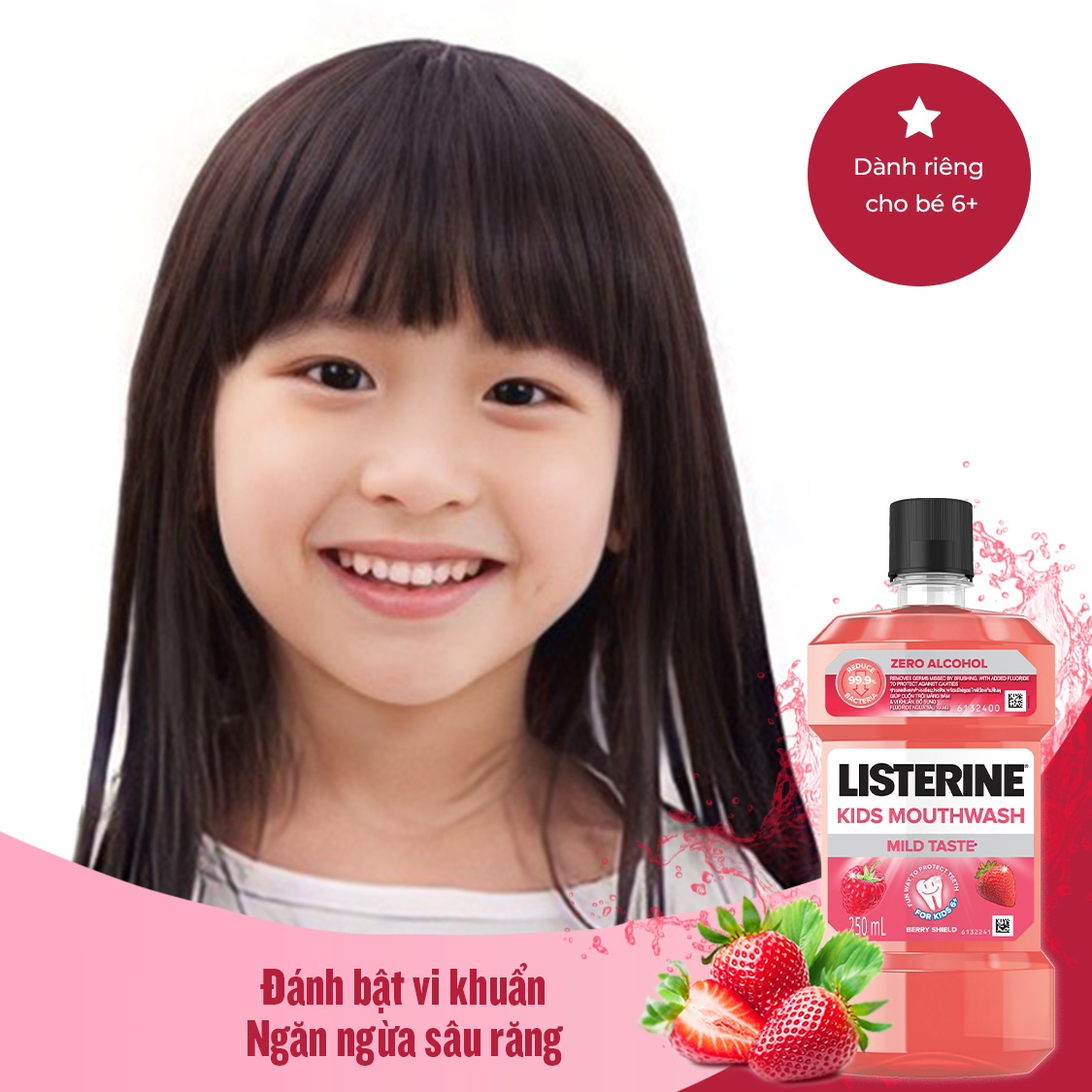 Bộ 2 Nước Súc Miệng Listerine Kids Mouthwash with berry shield Dành Riêng Cho Trẻ Trên 6 Tuổi 250ml/chai