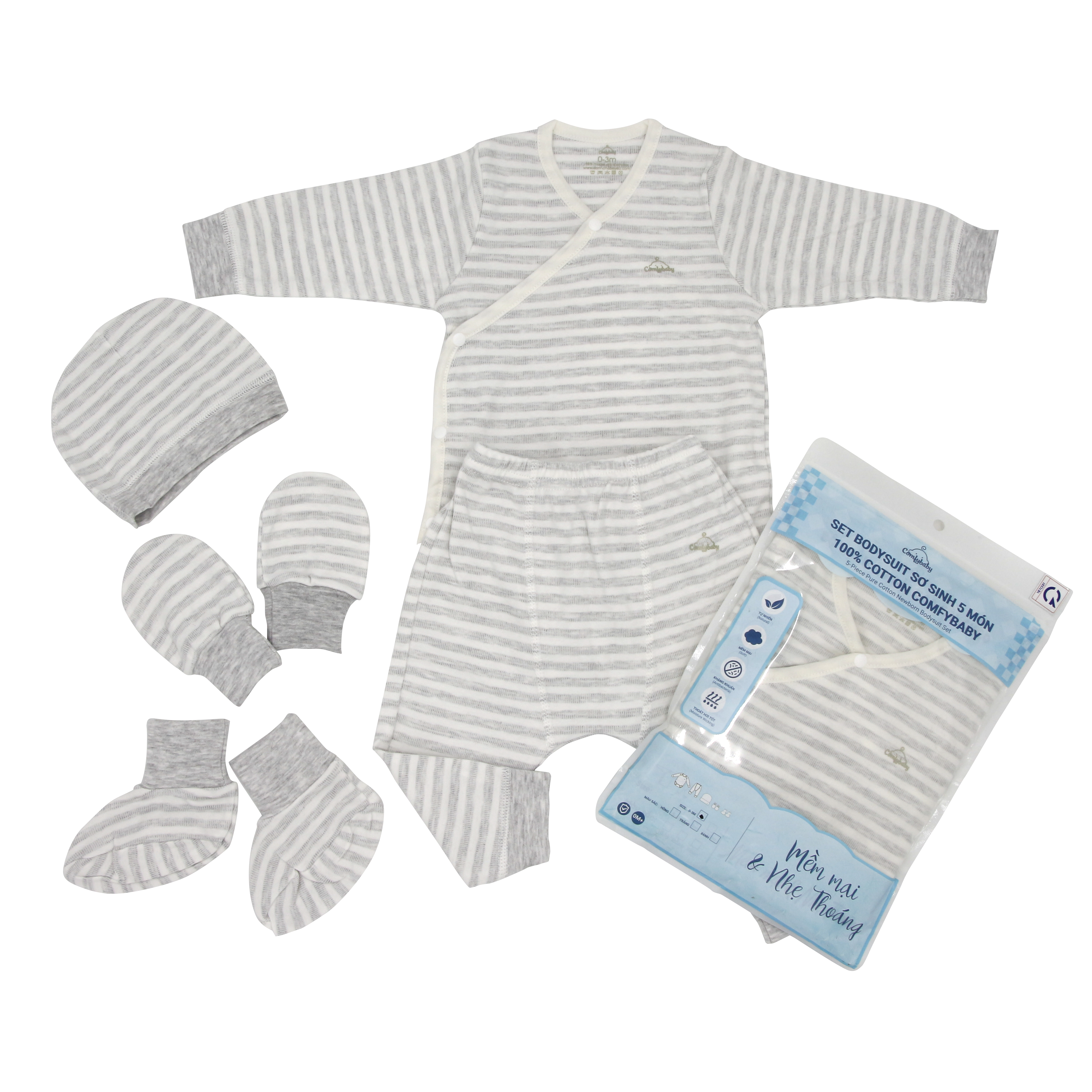 Set Bodysuit sơ sinh 5 món Comfybaby (quần áo dài, bao tay chân, mũ) kẻ sọc  100% Cotton mềm mại, thấm hút mồ hôi