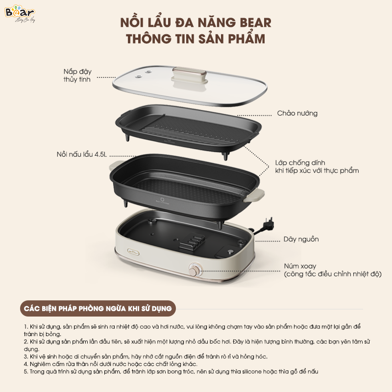 Nồi Lẩu Đa Năng Bear 4,5L 6 Chức Năng Nấu Tiết Kiệm Điện Chống Dính Cao Cấp Chiên Nướng Lẩu Nấu Hầm Ninh SB-NL45K HÀNG CHÍNH HÃNG