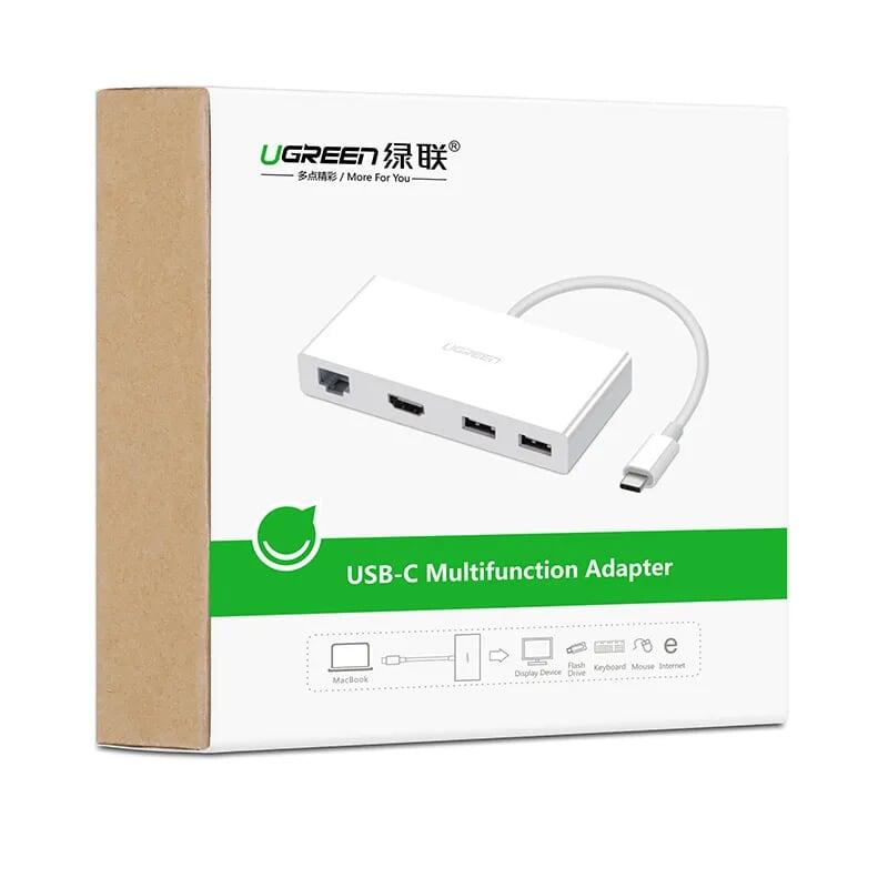 Ugreen UG40377MM134TK 15CM màu Trắng Bộ chuyển đổi TYPE C sang 2 USB 3.0 + HDMI + LAN bọc nhựa ABS - HÀNG CHÍNH HÃNG