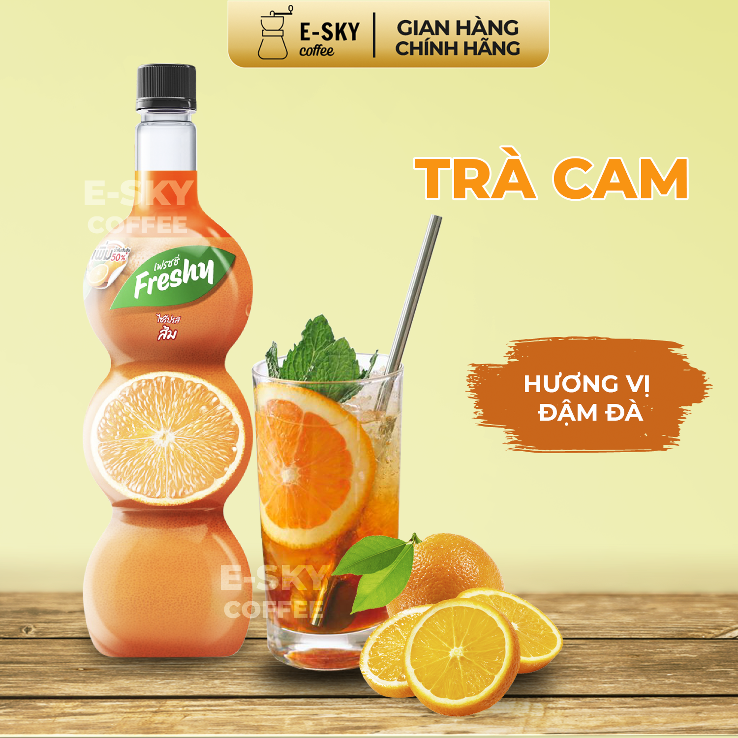 Siro Cam Freshy Orange Syrup Nguyên Liệu Pha Chế Trà Sữa Chai 710ml