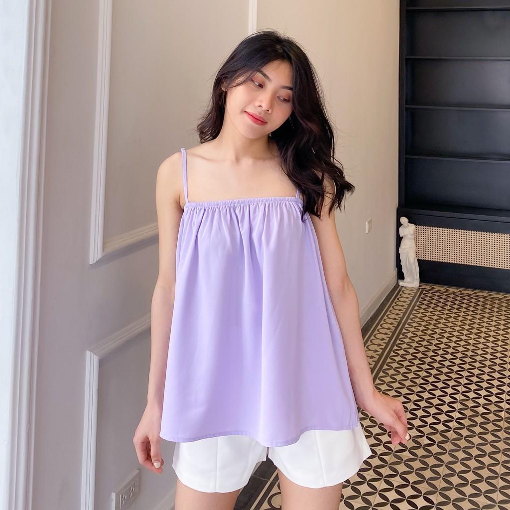 Áo Hai Dây Chun Ngực Trơn Màu Xinh Xắn Theo Phong Cách Hàn Quốc Dành Cho Nữ - Freesize <55kg