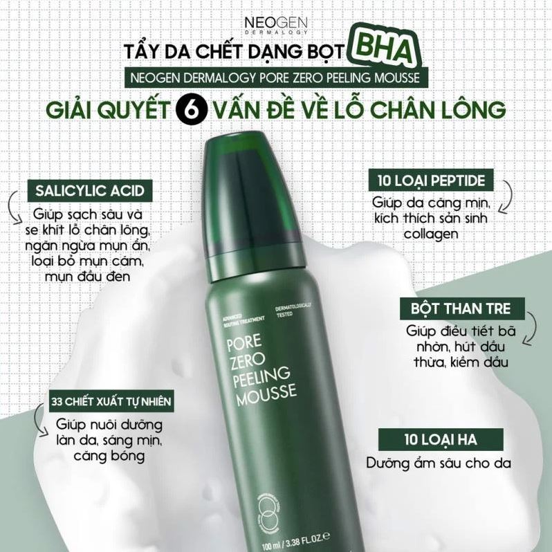 Tẩy Da Chết Dạng Bọt Min BHA, Làm Sạch, Se Khít Lỗ Chân Lông Neogen Pore Zero Peeling Mousse