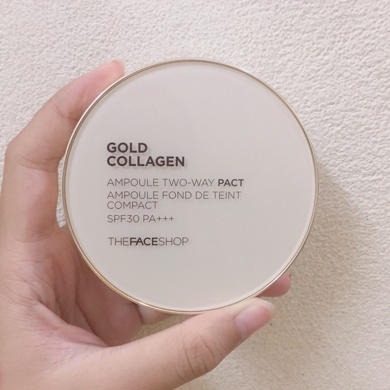 Phấn Nền Che Khuyết Điểm The Face Shop Gold Collagen Ampoule Two-Way Pact SPF30 PA+++ V201 tặng mặt nạ giấy nén Miniso