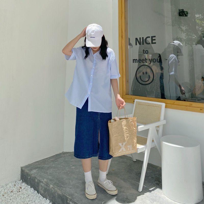 Áo sơ mi kẻ sọc thô xốp ulzzang