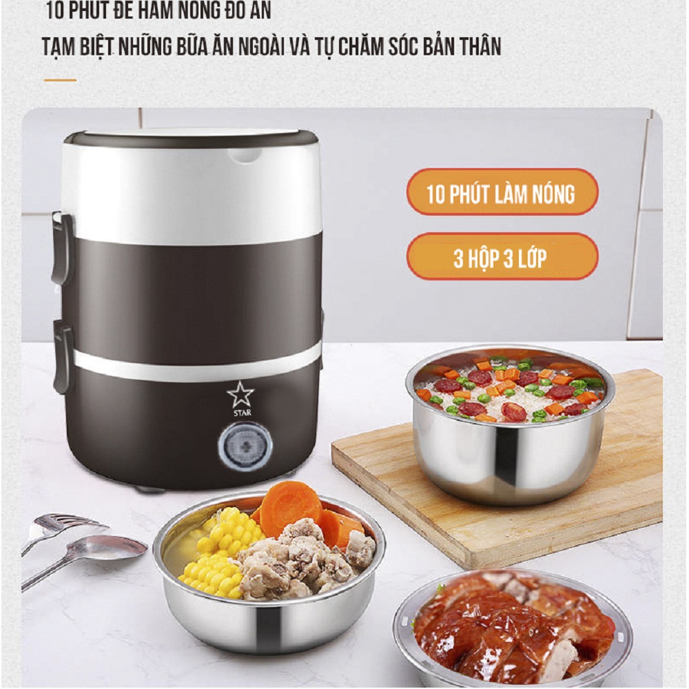 Hộp cơm hâm nóng điện 3 tầng inox cao cấp