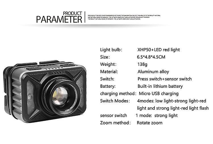 Đèn pin đội đầu LED XHP50.2 có thể sạc lại mini Đèn pin đội đầu màu đỏ trắng|Đèn pha