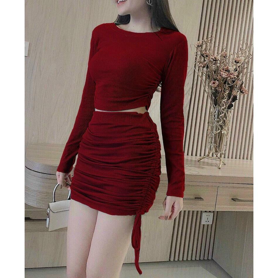 Set áo tay dài và chân váy rút dây siêu hot