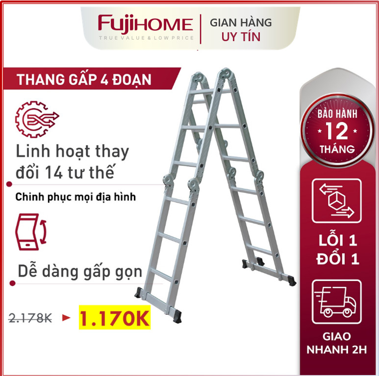 Thang nhôm gấp 4 đoạn chữ A Nhật Bản 3.4M Fujihome đa năng chống trượt, thang chữ M xếp gọn 4 khúc 3,4 mét gia đình có khóa an toàn aluminum ladder - Hàng Nhập Khẩu