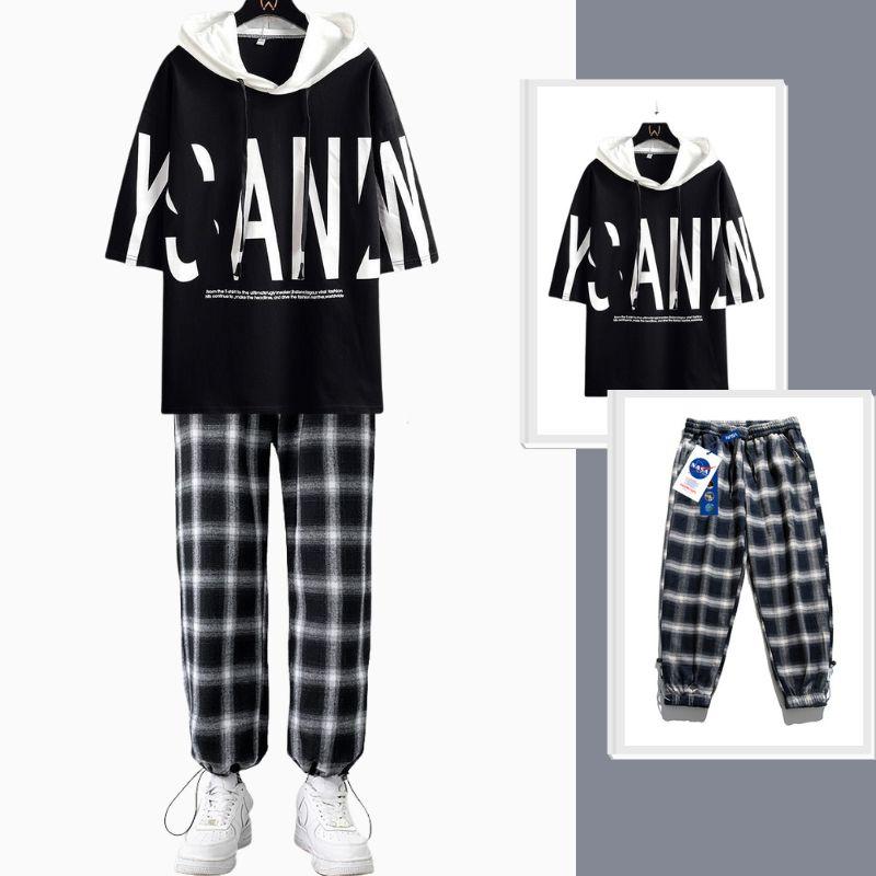 Bộ Đồ Nam Mùa Hè Áo Thun Hoodie Tay Lỡ In Chữ Lớn Quần Jogger Kẻ Caro Thời Trang Zenkonu TOP NAM 259 + QUAN NAM 137