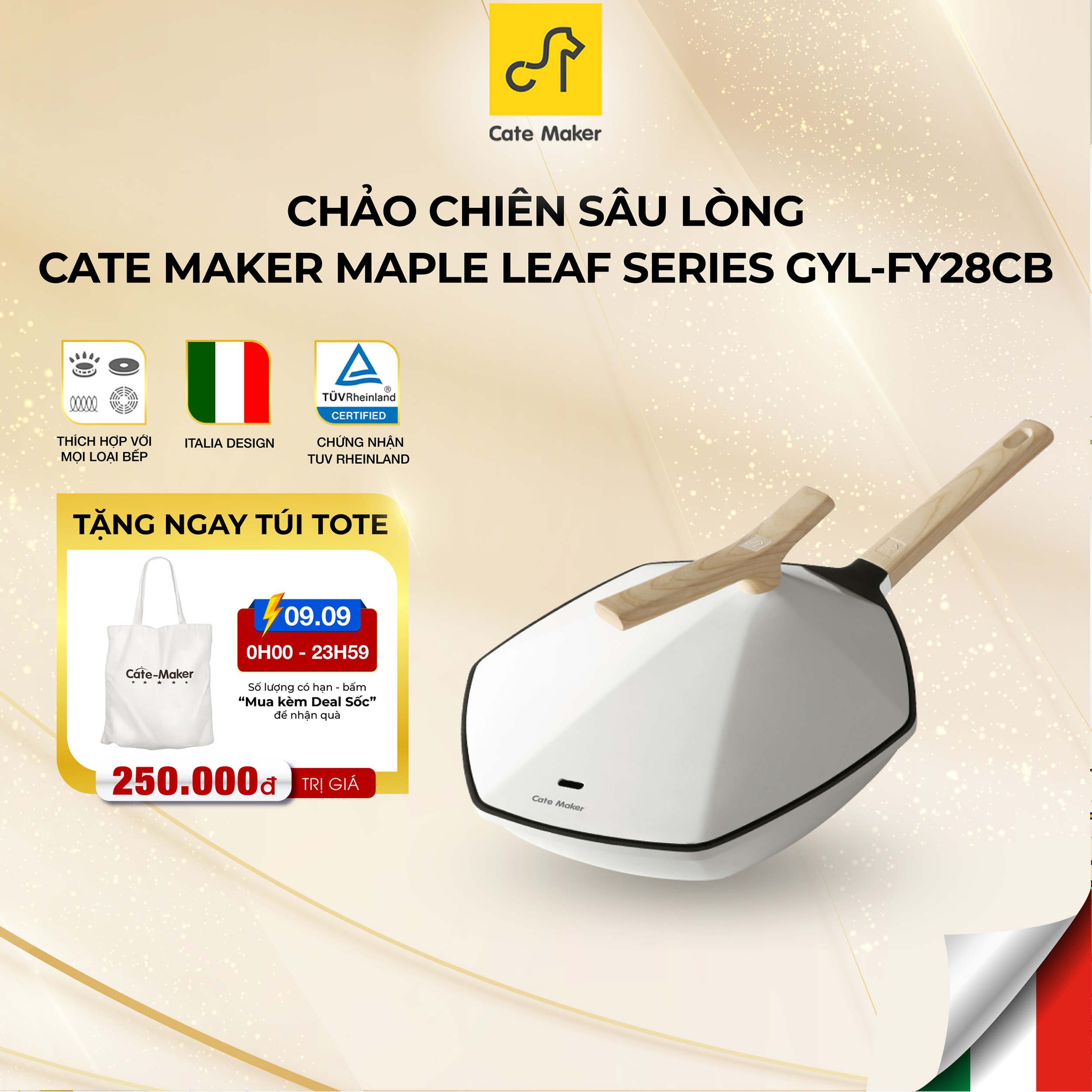 Chảo chống dính lục giác Cate-Maker MAPLE LEAF SERIES GYL-FY28CB, size 28cm, dùng cho mọi loại bếp