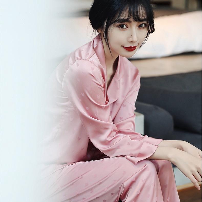 Đồ Bộ Nữ - Đồ Mặc Nhà Dài Tay Vải Lụa Cao Cấp Màu Trơn Xanh và Hồng In Họa Tiết Tim DDLP09