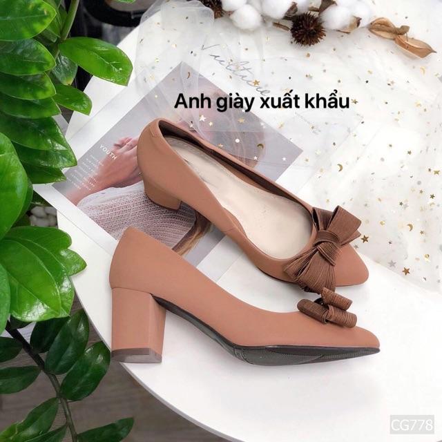 Giày gót vuông mũi nhọn nơ ấu da lì 5p cực êm chân VNXK