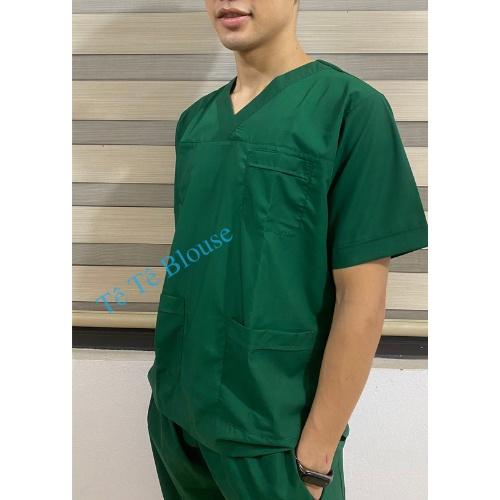 Bộ SCRUBS cổ tim phòng mổ, đồng phục phẫu thuật, Spa, phòng khám, màu XANH LÁ, vải LON mỏng và Thun co giãn cao cấp