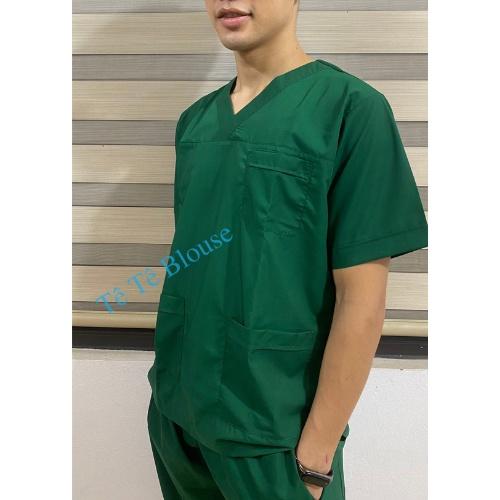 Bộ SCRUBS cổ tim phòng mổ, đồng phục phẫu thuật, Spa, phòng khám, màu XANH LÁ, vải LON mỏng và Thun co giãn cao cấp