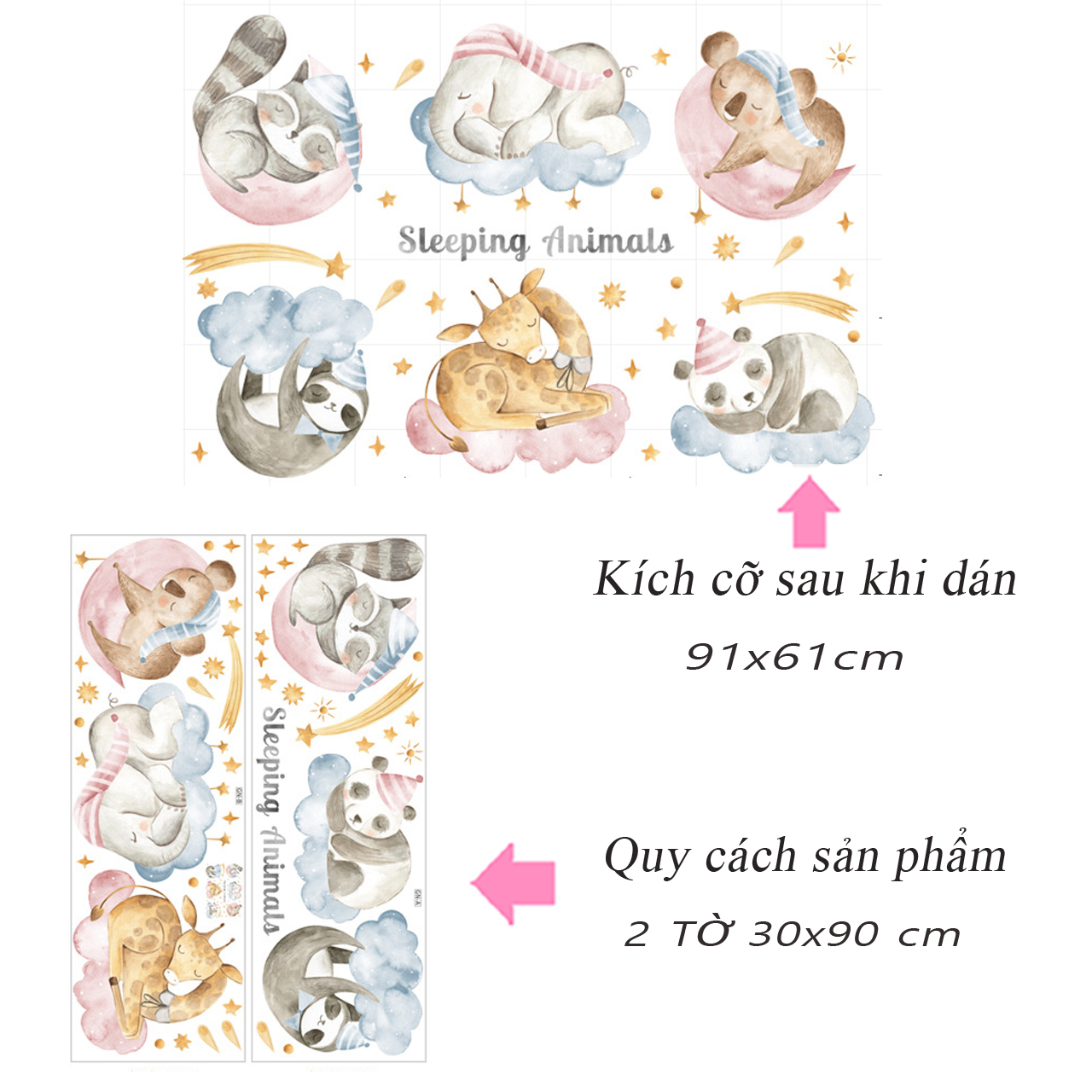 Decal dán tường trang trí phòng ngủ, lớp mầm non- Bầy thú ngồi mây- mã sp LV114