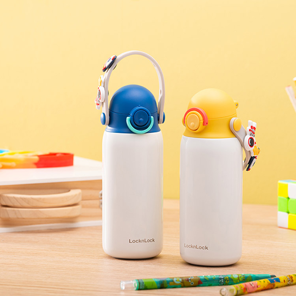 Bình giữ nhiệt Lock&amp;Lock DIY Strap Tumbler 350ml màu xanh dương LHC3283BLU - Hàng chính hãng, hoạ tiết dễ thương, đựng nước cho bé - JoyMall