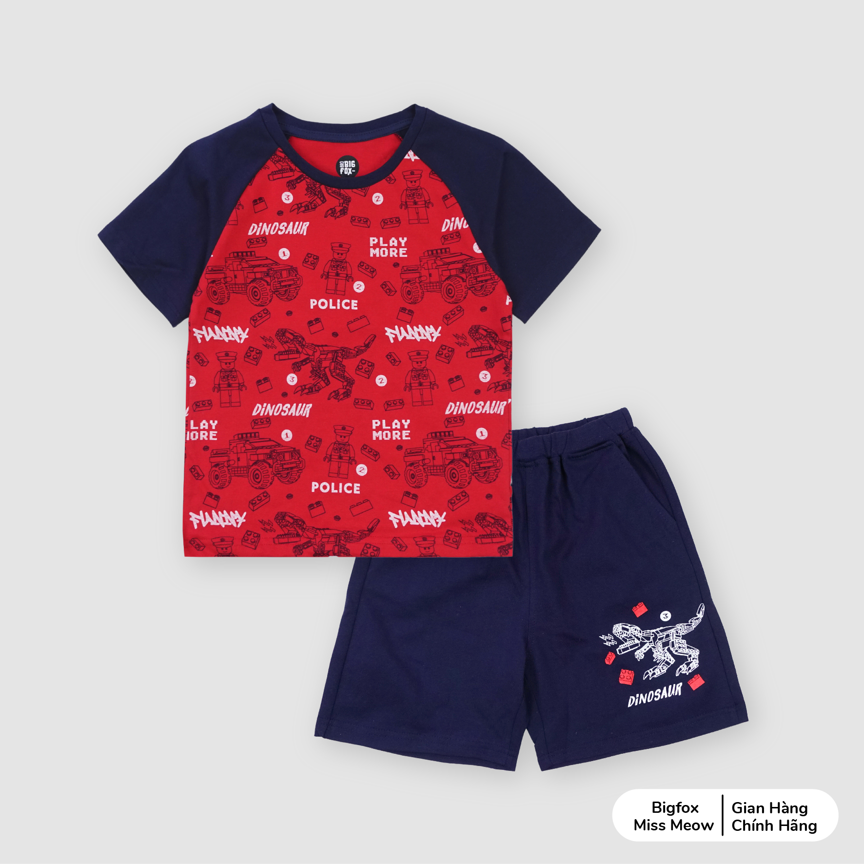 Bộ quần áo cộc tay bé trai Bigfox Miss Meow, chất cotton mặc hè size đại 3,7,9,11 tuổi 30kg 40kg
