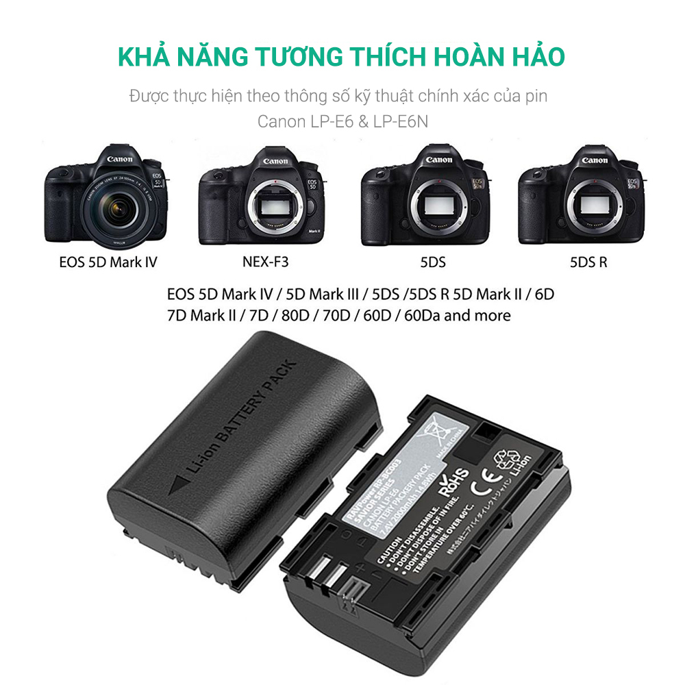 Bộ 2 Pin + 1 Sạc đôi Ravpower LP-E6 Cho Canon 5D Mark IV / 5D Mark III / 5DS / 5DS R / 5D Mark II / 6D Mark II / 7D Mark II / 7D / 80D / 70D / 60D (Chính Hãng Ravpower)