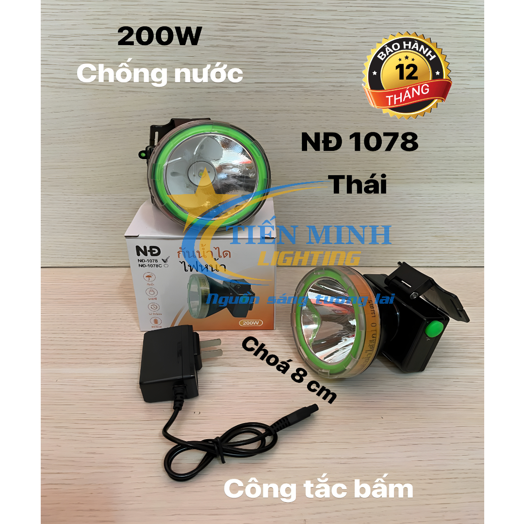 ĐÈN ĐỘI ĐẦU THÁI NĐ-1078 - CÔNG TẮC BẤM, CHÓA ĐÈN 8CM, CÔNG SUẤT 200W, SIÊU SÁNG, ÁNH SÁNG TRẮNG/VÀNG