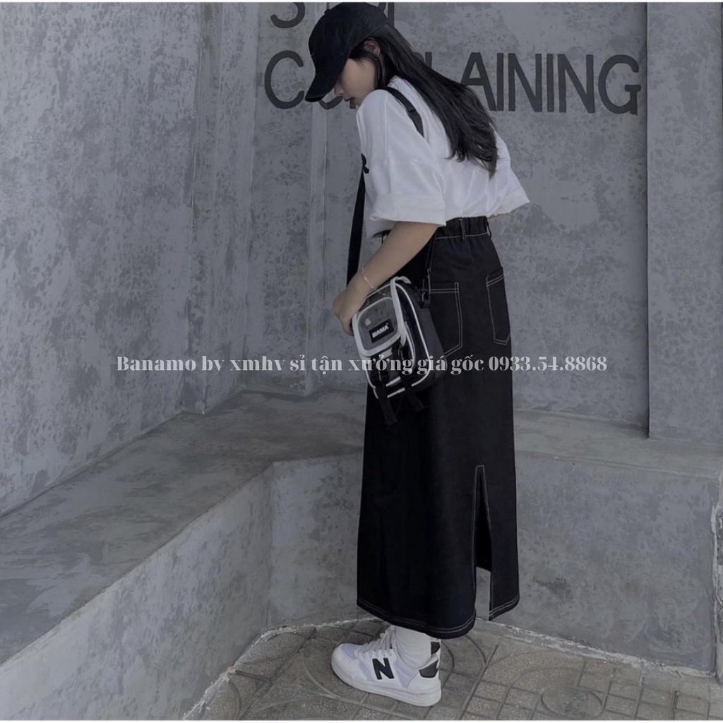 Chân váy midi viền chỉ nổi giả jean khuy trước chun sau xẻ tà cực xinh thời trang váy chỉ nổi 5343