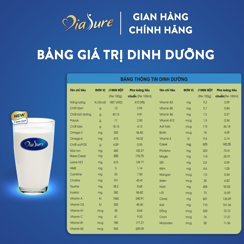 Sữa Non Diasure 850G bổ sung thêm Nano Canxi, Omega3 - Sữa chuyên dùng cho người tiểu đường