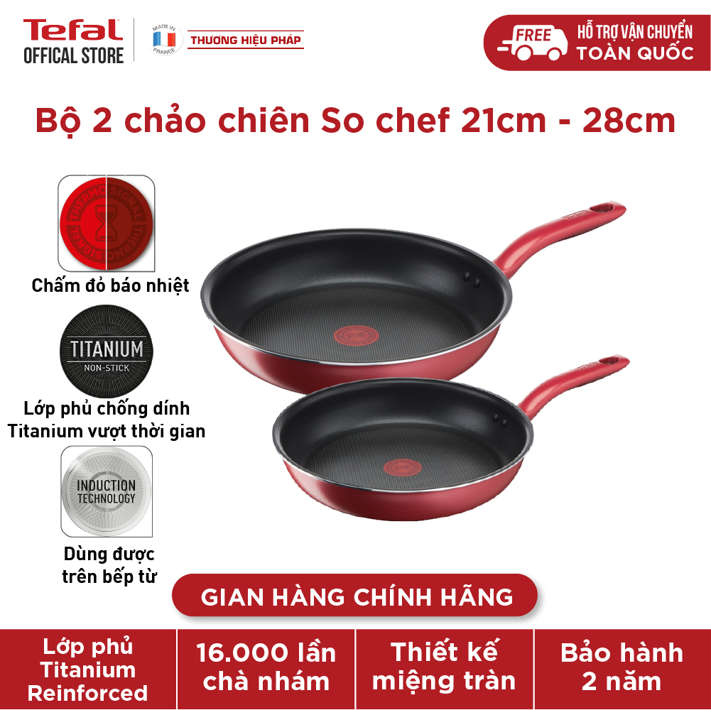 Bộ 2 chảo chiên chống dính đáy từ Tefal So Chef dùng cho mọi loại bếp (21cm, 28cm) - Hàng chính hãng