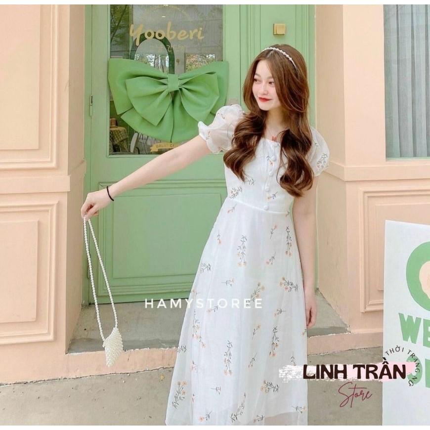 Đầm Midi Hoa Cổ Vuông Phối Ren Váy Hoa Dáng Midi Phối Ren Linh Trân Store