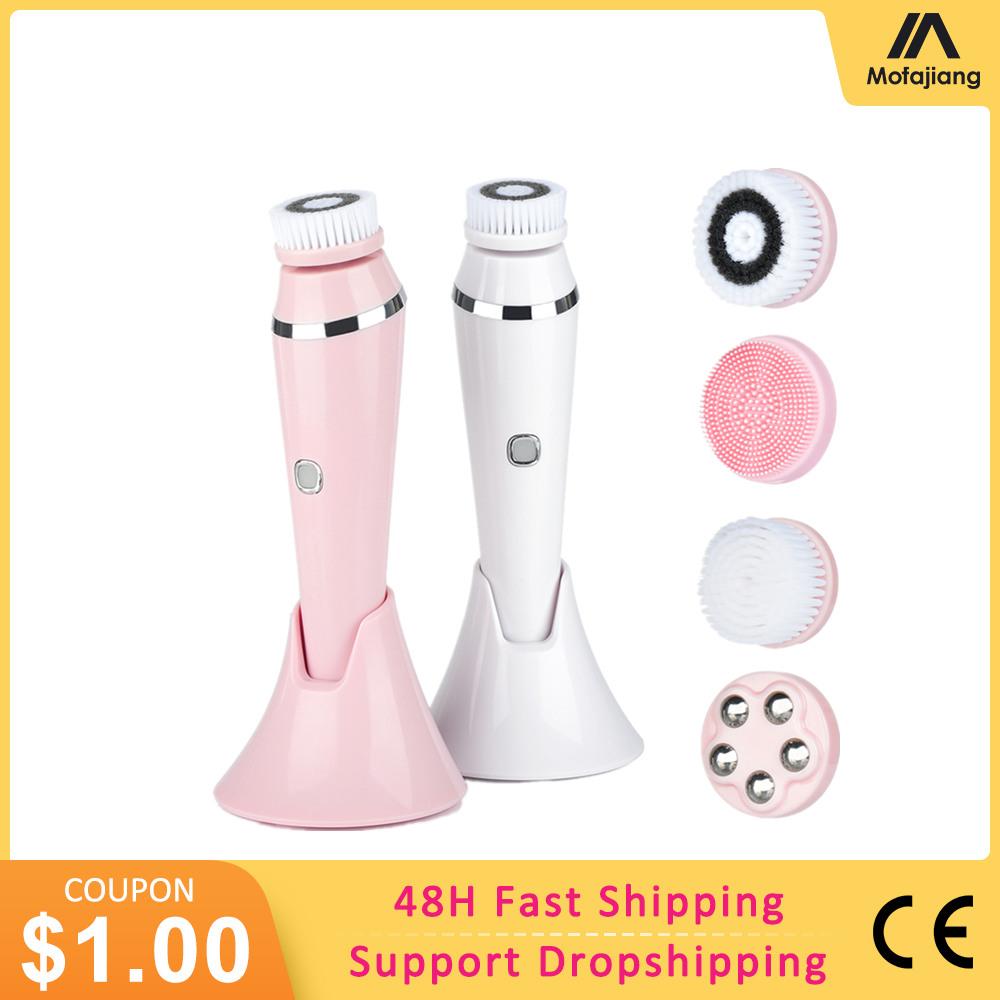 4 Trong 1 Điện Làm Sạch Da Mặt Bàn Chải Máy Mát Xa Mặt Ốp Sạc Sonic Lăn Mụn Đầu Đen Tẩy Lỗ Chân Lông Bụi